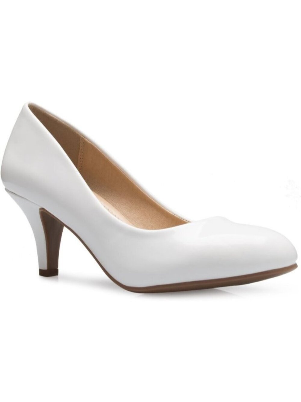 Women's White Stylish Comfort Pumps Classic Round Toe Kitten Low Mid Heel Dress